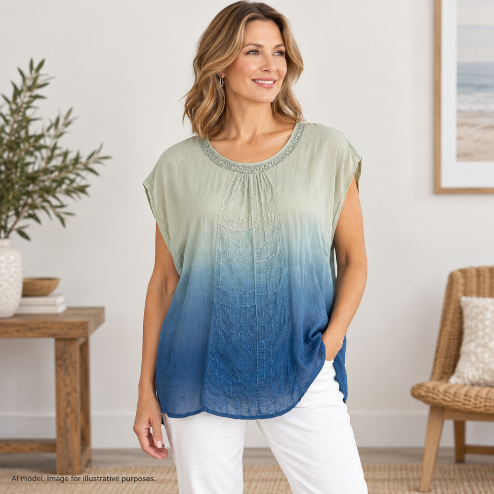 Chicos Kimono Top S/M Gray/Blue Ombre Sheer Beaded Neck Embroidered Tunic